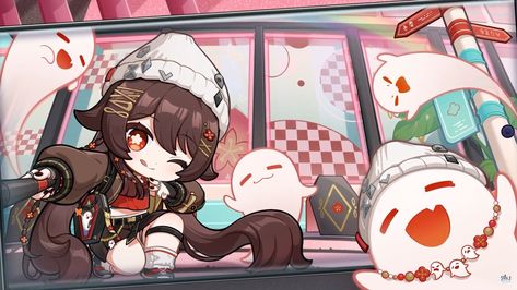 Genshin Collab, Genshin Stickers, Best Hug, Hu Tao, Game Illustration, Computer Wallpaper, Phone Themes, Cute Anime Character, Anime Fanart