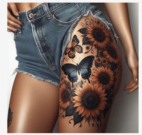 All Tattoos For Women, Sunflower Thigh Tattoos Women, Butterfly Sunflower Tattoo, Tattoo Ideas Sunflower, Thigh Piece Tattoos, Cute Thigh Tattoos, Arm Sleeve Tattoos For Women, Hip Thigh Tattoos, Sunday Reset