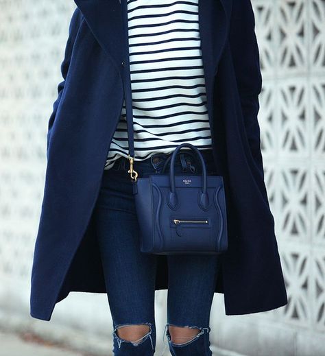 Brooklyn Blonde, Navy Blue Coat, Celine Nano Luggage, Blue Handbag, Navy Coat, Nicholas Kirkwood, Blue Coats, Celine Luggage Bag, Fall Winter Outfits