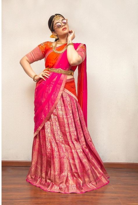 Pink Pattu Half Saree, Pattu Half Saree, Sree Mukhi, Pink Half Sarees, Indian Sari Dress, Wedding Saree Blouse, Wedding Saree Blouse Designs, Lehenga Gown, Orange Saree