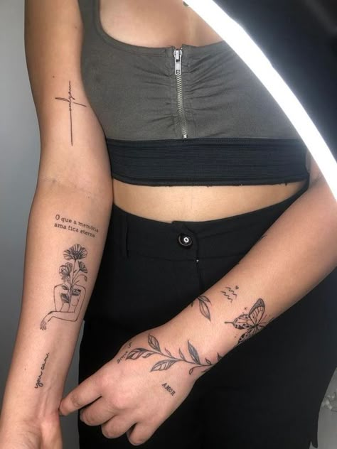 Womens Aesthetic Tattoos, Patchwork Sleeve Tattoo For Women Minimal, Arm Scattered Tattoos, Women Aesthetic Tattoos, Meaningful Patchwork Tattoo Ideas, Patchwork Half Sleeve Tattoo For Women, Tattoo Ideas Female Sleeve Patchwork, Patch Sleeve Tattoo Women Minimal, Small First Time Tattoos