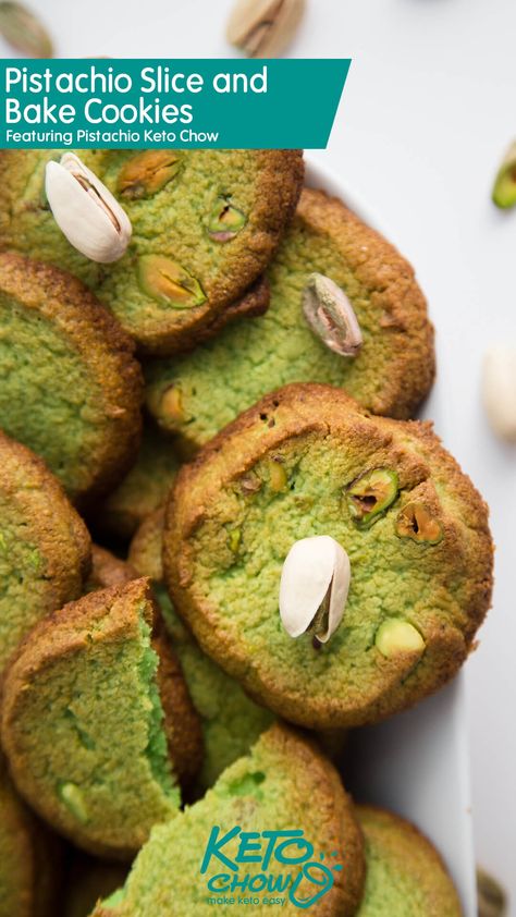 Pistachio Slice and Bake Cookies Created with Keto Chow ketochow.xyz Keto Pistachio, Pistachio Dessert Pudding, Slice And Bake Cookies, Skillet Cookies, Keto Chow, Heathy Snack, Low Carb Cookies Recipes, Chow Recipe, Pistachio Dessert