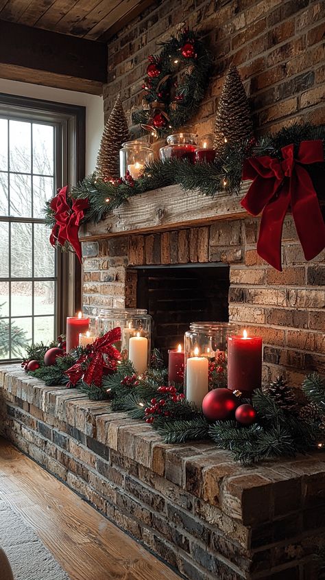 Cozy up your holidays with this charming Christmas mantel! ✨ The perfect mix of rustic brick, rich red and gold ornaments, and glowing candles create a warm, festive ambiance. Add lush greenery and velvet bows, and you're ready for the season! 🎄❤️🌟 #christmas #decor #holiday #cozy #winter #festive #fireplace #candles #red #gold #garland #rustic #homedecor #joy #celebration Christmas Fireplaces, Christmas Village Sets, Cozy Christmas Decor, Holiday Mantel, Christmas Fireplace Decor, Christmas Mantel Decorations, Cosy Christmas, Cute Christmas Wallpaper, Christmas Decorations Living Room