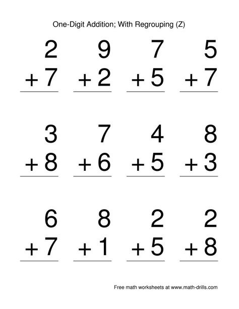 The Single Digit Addition -- Some Regrouping -- 12 per page (Z) Math Worksheet from the Addition Worksheets Page at Math-Drills.com. Single Digit Addition Worksheets, Addition Worksheets First Grade, Basic Math Worksheets, Regrouping Addition, Adding Worksheets, Winter Math Worksheets, Complex Sentences Worksheets, Probability Worksheets, Touch Math