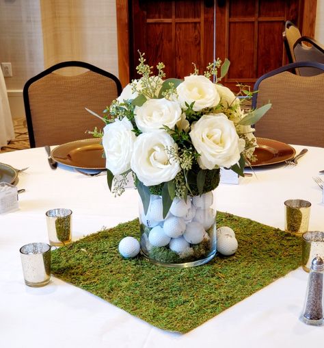 Golf Fundraiser Centerpieces, Golf Wedding Ideas Receptions, Masters Golf Party Centerpiece, Golf Ball Flower Arrangements, Golf Banquet Decorations, Golf Tournament Table Centerpieces, Golf Centre Pieces, Golf Themed Centerpieces Flower, Golf Themed Table Centerpieces