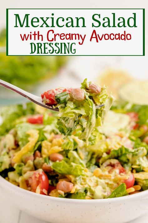 This Mexican Salad with Creamy Avocado Dressing has fresh, colorful ingredients that pair perfectly with a heavier Mexican-style meal. The creamy avocado dressing ties it all together, making it a great go-to side dish. via @cmpollak1 Mexican Salad Dressing, Mexican Salad Dressings, Pig Recipes, Mexican Side Dish, Mexican Feast, Mexican Side, Mexican Salad, Creamy Avocado Dressing, Chunky Guacamole