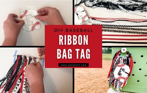 Sport Bag Tags Diy, Gift Bag Tags Diy, Sports Bag Tags Diy, Diy Cheer Bag Tags, Ribbon Bag Tags Diy, Diy Bag Charms How To Make, Ribbon Zipper Pull Diy, How To Make A Bogg Bag Tassel, Baseball Bag Tags Diy