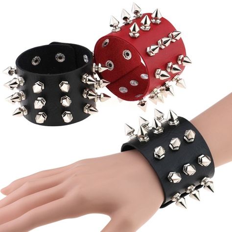 Punk Design, Leather Bangle, Gothic Rock, Wide Bracelet, Rock Punk, Estilo Punk, Leather Bracelets, Wide Cuff, Punk Goth