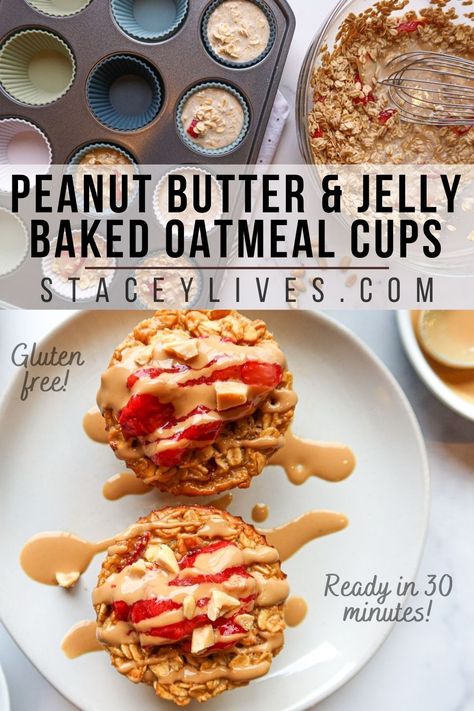 Peanut butter & jelly baked oatmeal cups! Mix whole oats & strawberries into a peanut butter batter sweetened with honey & bake to perfection! Oatmeal cups are one of my favorite, heart healthy, make ahead breakfast recipe options. The perfect, sweet, healthy snack for kids & adults. Simple, filling & convenient, great for any meal plan! Make in bulk & refrigerate or freeze, microwave for 60 seconds to reheat. Fuel your health, fitness & weight loss goals with nutritious food you love. Oatmeal Cups Healthy, Healthy Snack For Kids, Healthy Make Ahead Breakfast, Making Peanut Butter, Sugar Free Peanut Butter, Baked Oatmeal Cups, Snack For Kids, Strawberry Oatmeal, Drink Inspiration