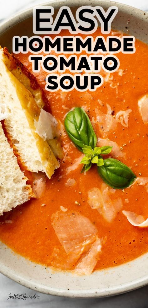 closeup of a bowl of soup with bread and text overlay that reads easy homemade tomato soup Tomato Soup With Tortellini Easy, Tomatoe Soup Canning Recipes, East Tomato Soup Recipe, Homemade Tomato Soup Recipe Video, Pantry Tomato Soup, Tomato Sauce Soup Recipe, Recipes For Tomato Soup, Tomato Soup Recipe Canned Tomatoes, Quick Tomato Basil Soup