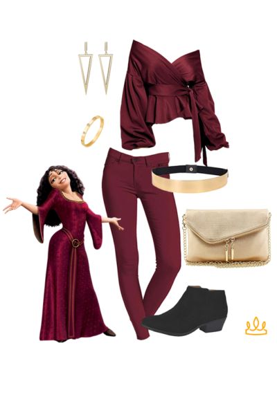 Mother Gothel Disneybound! A stylish Disneybound based on Tangled. This Villain Disneybound is perfect for a night out. For more Disneybound collages, Disneybound inspiration, and princess disneybounds, check out Theme Park Style - Inclusive. Immersive. Fun. #Tangled Disneybound #Red Disneybound #disney characters Disneybound Mother Gothel, Disney Villain Bounding, Mother Gothel Outfit, Hades Disneybound, Villain Disneybound, Tangled Disneybound, Evil Fashion, Cinderella Disneybound, Bounding Outfits