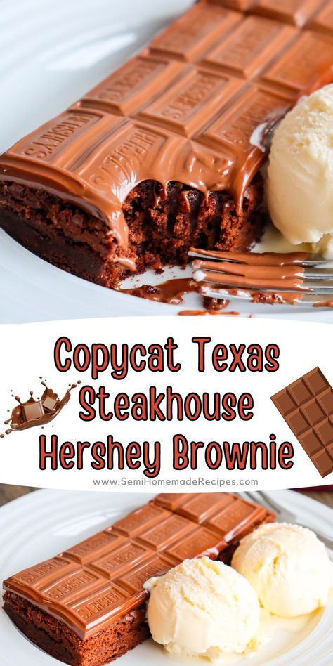 The Hershey© Brownie from Texas Steakhouse is a dessert that reminds me of going out to eat when I was a kid! It's a warm brownie with an entire Hershey© chocolate bar melted on top and served with vanilla ice cream! Hershey Chocolate Bar Recipes, Oreo Hershey Bar Cake, Hersheys Desserts, Hershey Bar Cake, Hershey Brownies, Hershey Bar Cakes, Betty Crocker Fudge Brownies, Chocolate Bar Cakes, Hershey Recipes