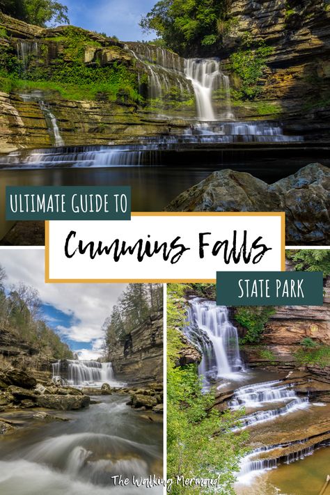 Photo of Cummins Falls from various views. Linked to a hiking guide to Cummins Falls State Park. Cummins Falls State Park Tennessee, Cummings Falls State Park, Cummings Falls Tennessee, Fall Creek Falls State Park, Cummings Falls, Cummins Falls Tennessee, Kentucky Waterfalls, Tennessee Adventures, Cummins Falls