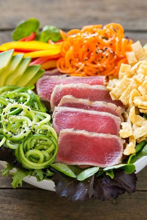 Ahi Tuna Salad with Sesame Ginger Dressing Recipe | Tuna Salad | Seafood Salad #ahi #tuna #salad #dinner #lunch #dinneratthezoo Ahi Tuna Salad With Sesame Ginger Dressing, Ahi Tuna Dinner Recipes, Ahi Tuna Salad Recipe, Seared Ahi Salad, Beachy Food, Tuna Salad Dressing, Tuna Steak Salad, Seared Ahi Tuna Salad, Salad With Sesame Ginger Dressing