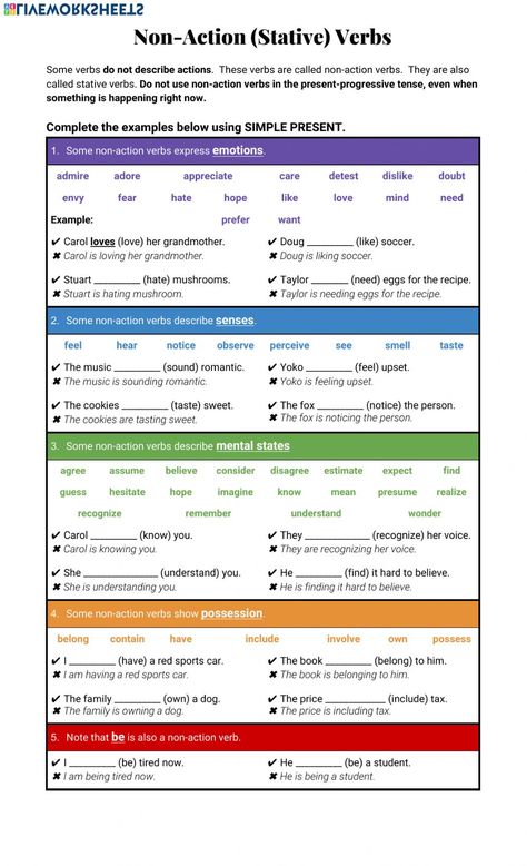 Non-Action (Stative) Verbs worksheet Stative Verbs Worksheet, Stative Verbs, Action Verbs Worksheet, Teaching Character Traits, Verb List, Verbs Worksheet, Intransitive Verb, Verbs Activities, English Tenses