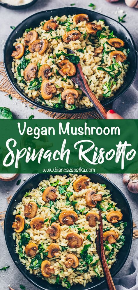 Vegan Spinach Dinner, Rissoto Recipes Vegan, Mushroom And Spinach Risotto, Vegan Arborio Rice Recipes, Plant Based Risotto Recipes, Vegan Mushroom Risotto Recipes, Vegan Spinach Casserole, Vegan Mushrooms Recipe, Plant Based Spinach Recipes