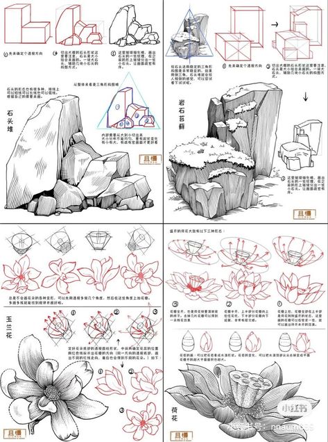 Manga Inking Techniques, Scenery Drawing Tips, Manga Environment Drawing, River Drawing Reference, Landscape Drawing Tips, Block Sketching, How To Draw Foliage, How To Draw Bamboo, How To Draw Nature Step By Step