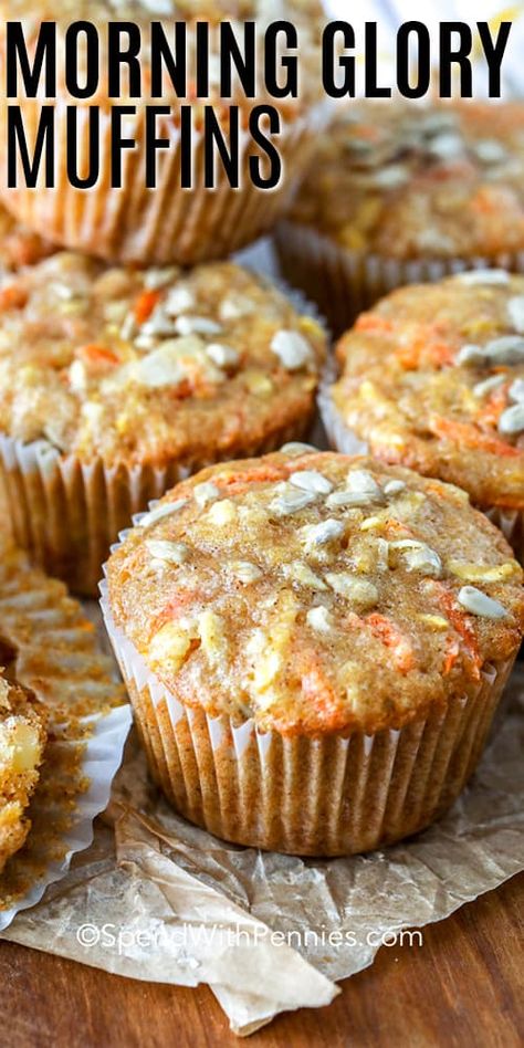 Morning glory muffins are one of our favorite breakfast recipes! This easy muffin recipe is the best way to start your day! #spendwithpennies #muffins #morningglorymuffins #morningglory #muffinrecipe #muffin Bran Muffins Healthy, Banana Bran Muffins, Easy Muffin Recipe, Nutella Muffin, Muffins Blueberry, Glory Muffins, Pumpkin Muffins Easy, Morning Glory Muffins, Donut Muffins