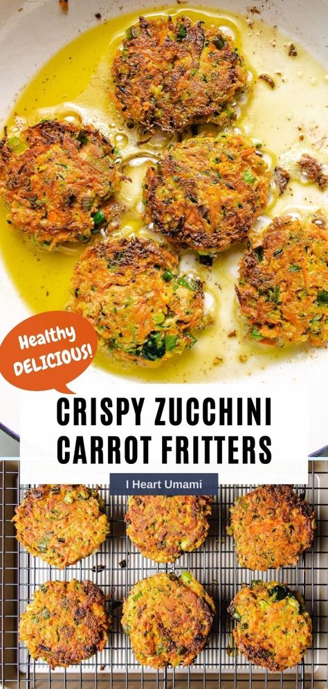 These Zucchini Fritters with Carrots are crispy outside and moist inside.They are quick, easy, and loaded with veggies, plus gluten-free, paleo, and whole30! Carrots And Brussel Sprouts, Easy Paleo Meal Prep, Zucchini Carrot Fritters, Breakfast Fritters, Paleo Meal Prep Recipes, Crispy Zucchini Fritters, Umami Recipes, Carrot Fritters, Paleo Zucchini