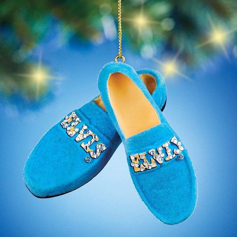 Elvis Presley Blue Suede Shoes Christmas Holiday Ornament. This great Elvis Blue Suede Shoes Christmas ornament measures about 3.25 inches. Featuring soft blue flocked finish and glitzy rhinestone buckles, this ornament makes the perfect gift for any fan of the “King”. Elvis Party, Shoes Hanging, Elvis Memorabilia, Shoe Ornaments, Christmas Material, Blue Suede Shoes, Collections Etc, Kurt Adler, Unique Ornament