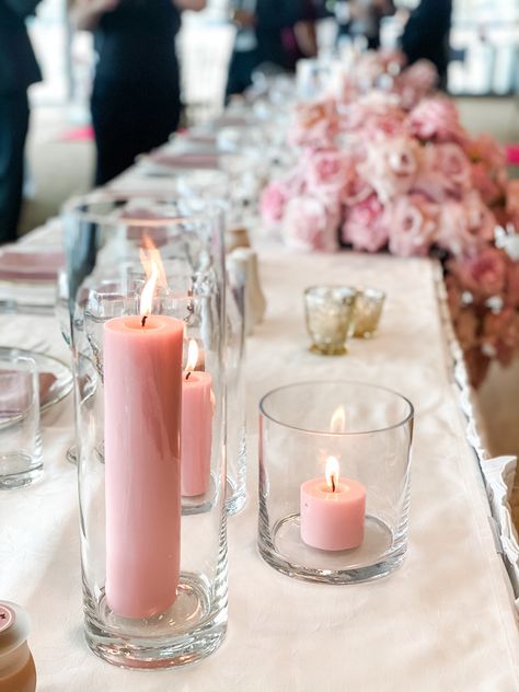 Pink Candles Table Decor, Pink Candle Centerpieces Wedding, Pink Candle Centerpieces, Wedding Thrifting, Blush Pink Candles, Tulip Centerpieces, Blush Pink Wedding Centerpieces, 21st Birthday Party Decor, Wedding Shower Tables