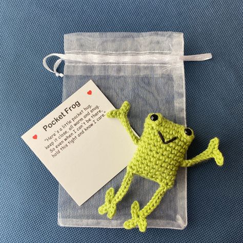 Crochet Pocket Hug, Pocket Frogs, Animal Hugs, Crochet Frog, Emotional Support Animal, Pocket Hug, Letterbox Gifts, Special Cards, Emotional Support