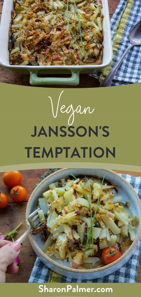 Jansson’s Temptation is a beloved, traditional Swedish potato casserole. Serve this vegan version as a twist on the classic recipe for the holidays or a simple comfort food meal or potluck. #vegan #easyveganfood #holidays #holidaycasserole #easycasserole #vegancasserole #swedishfood #veganswedishfood #swedishveganfood #healthyveganfood #christmascasserole Swedish Vegetarian Recipes, Vegan Swedish Recipes, Vegan Scandinavian Recipes, Potluck Vegan, Swedish Foods, Swedish Food, Wfpb Recipes, Vegan Entree, Seasonal Living