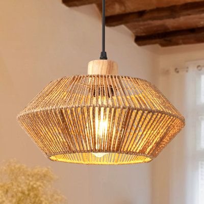 This wooden hemp rope pendant fixtures is made by high-quality wood and natural hand-woven jute rope lampshade. The unique lamps has soft lighting and delicate details. This rustic pendant light with environmentally friendly material is perfect for installation in kitchen island, dining room, restaurant, living room, bedroom, study room, entrance hall, etc. | Wrought Studio™ Kaishawn 1 - Light Brown Caged Wood Hemp Rope Single Pendant Light | 5.71 H x 12.6 W in | Wayfair Pendant Light Dining Room, Rustic Pendant Light, Dining Room Restaurant, Kitchen Island Dining Room, Island Dining Room, Rustic Pendant Lighting, Island Dining, Pendant Lighting Dining Room, Room Entrance