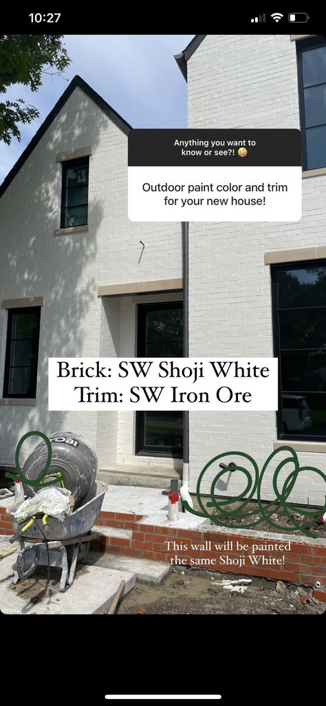 Painting White Brick Exterior, White House With Iron Ore Trim, Shoji White Painted Brick Exterior, Shoji White Brick Exterior, Shoji White With Iron Ore, Shoji White And Iron Ore Exterior, Iron Ore And Shoji White, Iron Ore Exterior Trim, Shoji White Exterior House