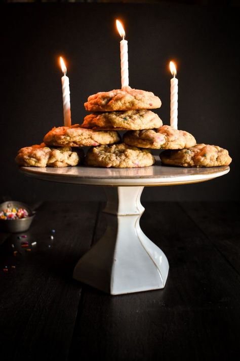 stacked birthday cake cookies arranged on a cake stand with lit birthday candles Stacked Cookies Cake, Cookies Stacked Like A Cake, Cookie Stack Birthday Cake, Cookie Stack Cake, Cookie Display Ideas Birthday, Cookie Tower Cake, Stacked Cookie Cake, Cookie Stack, Cookie Tower