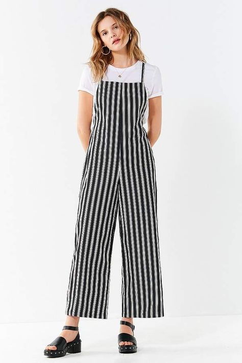 Square-Neck Striped Jumpsuit $59 Stripe Jumpsuit Outfit, Jumpsuit Outfit Casual, Belly Shirts, Female Celebrity Fashion, Lit Outfits, Kurti Designs Party Wear, Jumpsuit Outfit, Striped Jumpsuit, Cute Comfy Outfits