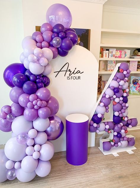 We created this purple balloon set up for Aria's 4th birthday. Contact us today to book your event decor Purple Theme Party, Purple Birthday Decorations, Congratulations Balloons, Lila Party, Purple Party Decorations, Purple Birthday Party, New Year's Party Decorations, Event Stylist, Purple Theme