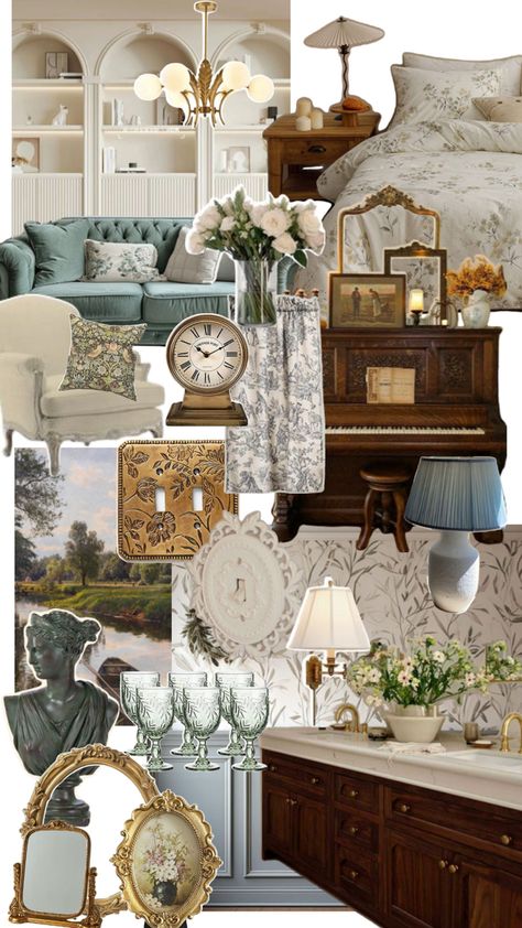 A dream home decor collage inspired by several aesthetics such as old money, vintage and regency French Quarter Homes Interior, Old Vintage House Interior, Moody Grandmillenial Style, Old Money Apartment Decor, Bridgerton Aesthetic Decor, Bridgerton Inspired Home Decor, Vintage Cottagecore Living Room, French Countryside Living Room, 1800s Home Decor