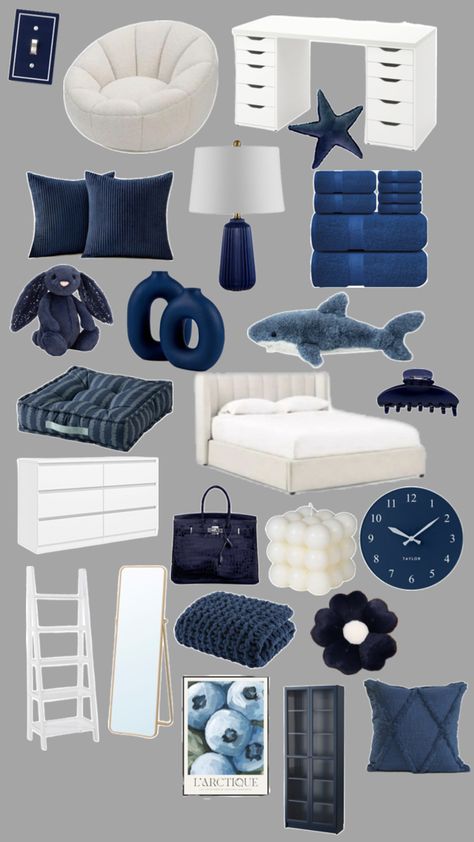 Blue Decor Bedroom Ideas, Navy Room Ideas Bedrooms, Navy Blue Room Inspiration, Room Inspo Navy Blue, Blue Room Ideas Aesthetic, Blue Aesthetic Bedroom Ideas, Navy Blue Room Aesthetic, Room Ideas Navy Blue, Blue Theme Room