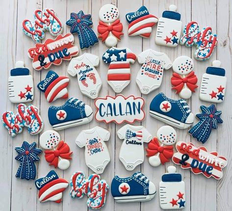 4th Of July Baby Shower Cookies, 4th Of July Gender Reveal Cookies, Red White And Due Baby Shower Cookies, Little Firecracker Baby Shower Ideas, 4th Of July Birthday Cookies, Fourth Of July Gender Reveal Party, Patriotic Baby Shower Ideas, Fourth Of July Baby Shower Ideas, 4th Of July Baby Shower Ideas