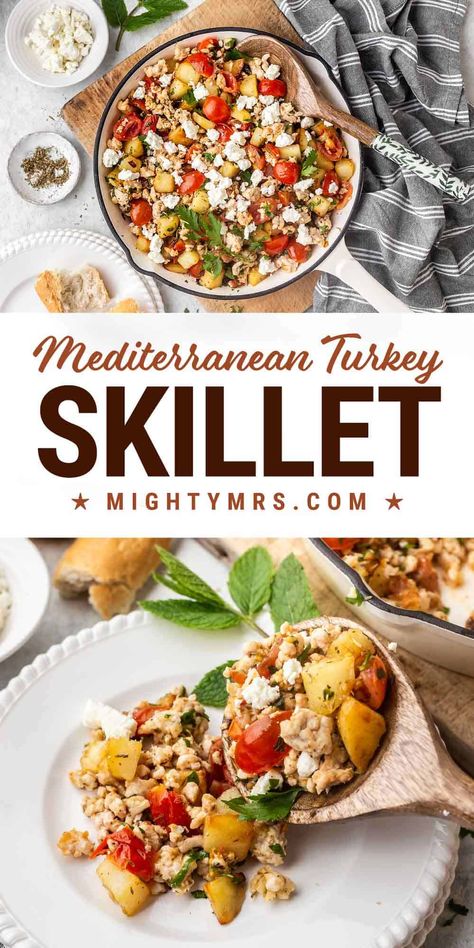 You'll love this easy, 30-minute Mediterranean-flavored skillet meal! Seasoned ground turkey, tomatoes, potatoes come together in one pan, layered with flavor from rich feta cheese, mint and fresh lemon juice. Seasoned Ground Turkey, Turkey Skillet, Mediterranean Diet Recipes Dinners, Med Diet, Feta Recipes, Dinner Meal, Diced Potatoes, Awesome Recipes, Ground Turkey Recipes