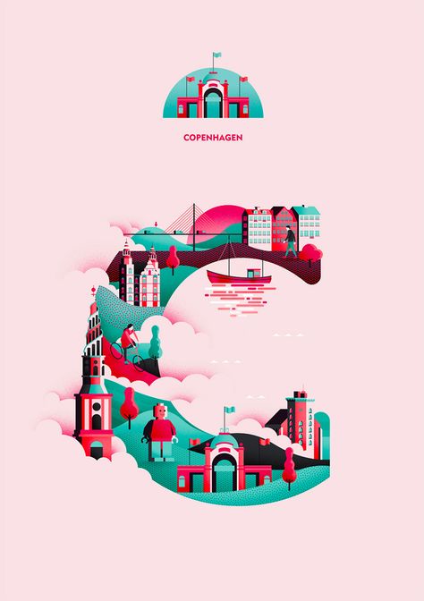 glasgow based illustrator jack daly combines his three favourite things — illustration, typography and travel — in an A to Z of colorful cityscapes. Jack Daly, Illustration Design Graphique, Creative Typography, Travel Illustration, Love Illustration, Grid Design, E Card, Typography Art, Alphabet Illustration