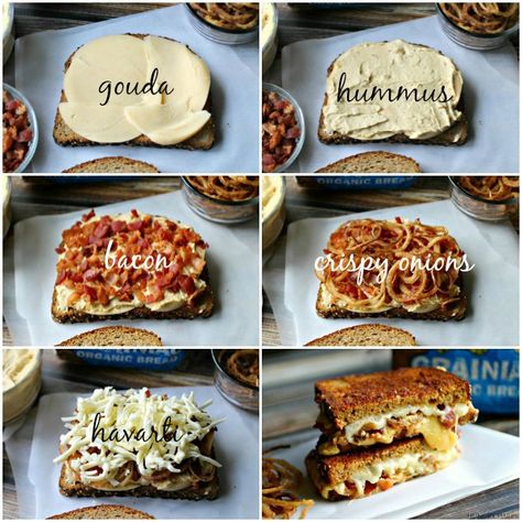 Hungry Harps: Hummus and Bacon Grilled Cheese Sandwich with Crispy Onions {Arla Dofino Recipes} Hummus Sandwich Recipes, Grilled Cheese Brie, Bacon Grilled Cheese Sandwich, Good Eats Recipes, Cheese Brie, Hummus Sandwich, Dinner Lunch Ideas, Bacon Grill, Bacon Grilled Cheese