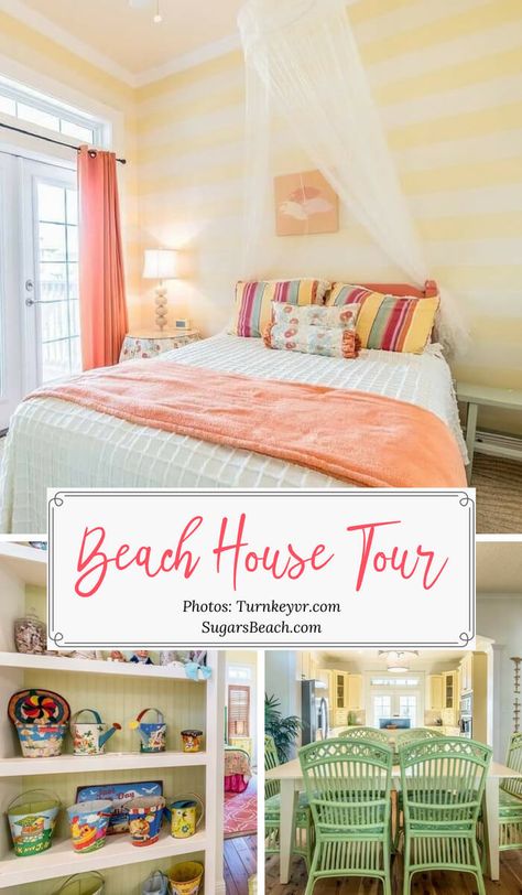 Beach house tour decorating ideas at SugarsBeach.com The finest beach house decor inspiration. #SugarsBeach Whimsical Beach House Decor, Beach Cottage Inspiration, Retro Beach Living Room, Bright Beach Decor, Bright Coastal Decor, Maximalist Beach House, Bright Beach House Decor, Beach Cottage Decorating Ideas, Beach Condo Decorating Ideas