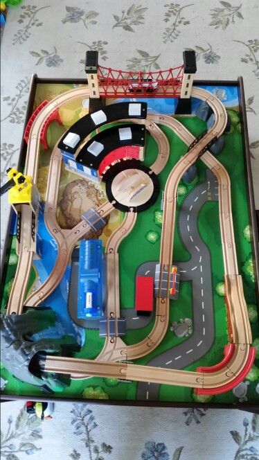 Imaginarium Mountain Rock Train Table Setup. This is how it looks prior to a child taking the tracks off of the table. I had to set it back together 3 times since Christmas. Thomas The Train Tracks, Ikea Train, Brio Train Set, Train Table Layout, Brio Train, Model Train Table, Wooden Train Track, Wood Train, Train Table