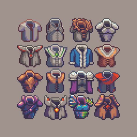 ArtStation - RPG Pixel Art Icons: Armors, Wildan Rahmat Pixel Clothes Icon, Pixel Clothes Art, Clothes Pixel Art, Platformer Pixel Art, Aseprite Tutorial, Pixel Art Clothes, 32x32 Pixel Art Characters, Bush Tutorial, Pixel Art Reference