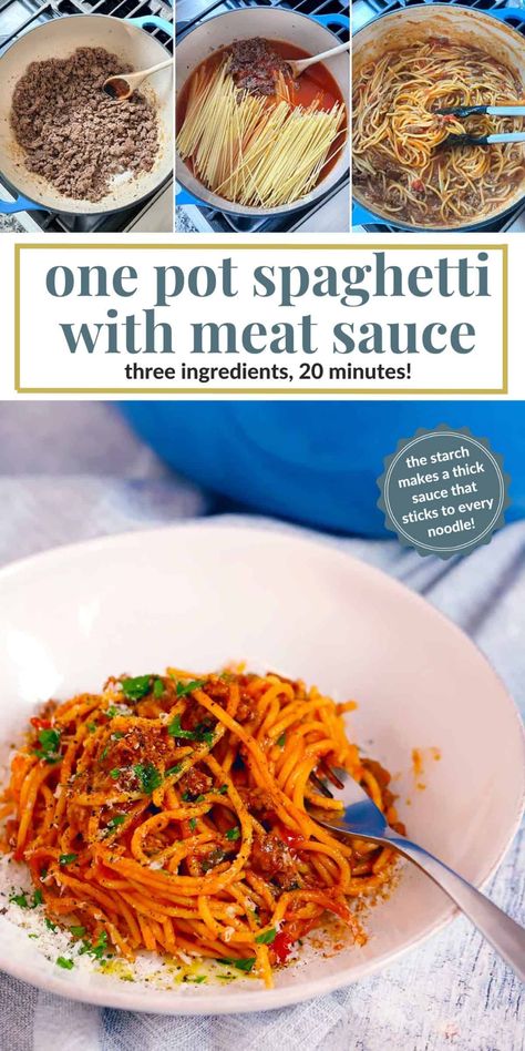 Whip up a delicious spaghetti and meat sauce in one pot with only three ingredients! Ground beef, jarred sauce, spaghetti - along with olive oil, salt, pepper, and water - combine to make the most DELICIOUS pasta, with sauce that clings to every noodle thanks to the starch that stays in the pot to thicken the sauce! Spagetti And Meat Sauce, Dump Casseroles, Pasta With Sauce, Spaghetti And Meat Sauce, Spaghetti With Meat Sauce, Spaghetti With Meat, Weeknight Casseroles, Spaghetti With Ground Beef, Delicious Spaghetti