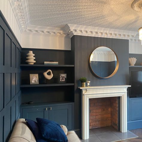 Coving Ideas Living Rooms, Fireplace Alcove Ideas, Coving Ideas, Terrace House Interior, Victorian Lounge, Living Room Victorian, Plaster Coving, Alcove Shelving, Lounge Room Styling