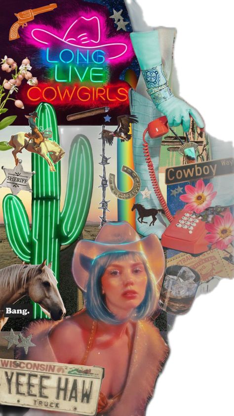 #cowgirl #cowboy #midwest #neon #aesthetic #moodboard #desert #horse #texas Neon Cowgirl Aesthetic, Neon Cowgirl, Desert Horse, Cowgirl Aesthetic, Cowgirl Cowboy, Aesthetic Moodboard, Neon Aesthetic, Wisconsin, Mood Board