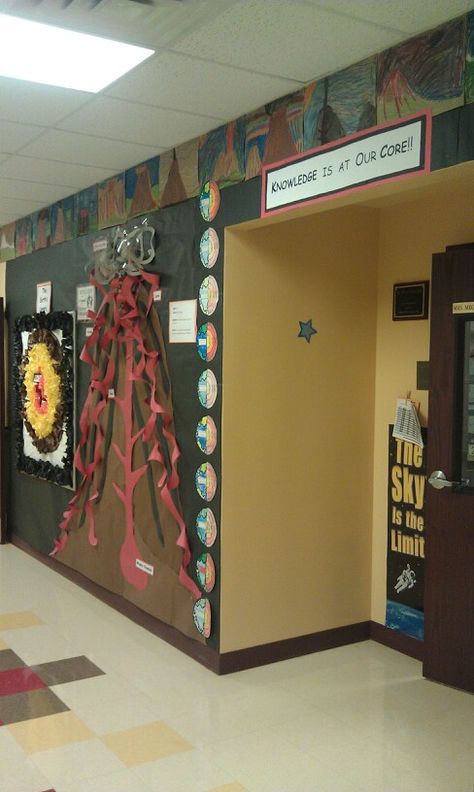 Volcano Hallway with Layers of the Earth Science Vocabulary Activities, Earth Science Classroom, Dinosaur Classroom, Science Bulletin Boards, Earth Science Activities, Layers Of The Earth, Ngss Science, Earth Layers, Science Boards