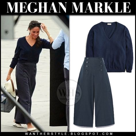 Meghan Markle in dark navy j.crew sweater and wide leg pants ulla johnston september 11 Dark Blue Wide Leg Pants, Sweater And Wide Leg Pants, Blue Wide Leg Pants, Duchess Meghan, Kate And Meghan, Meghan Markle Style, Jcrew Sweater, Style Finder, Wardrobe Style