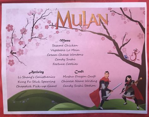 Disney Movie night! Mulan Movie Night menu Movie Night Menu Ideas For Adults, Movie Night Disney Theme, Mulan Themed Dinner, Mulan Dinner And A Movie, Disney Theme Dinner, Disney Movie Dinner Night, Disney Movie Menu Ideas, Disney Movie Date Night, Movie Night Menu Ideas