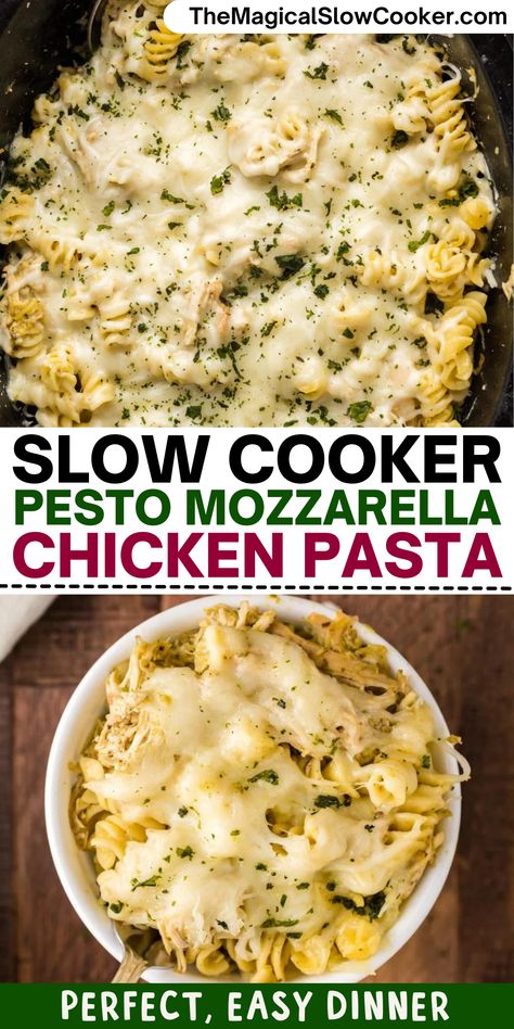 Chicken breasts made in the slow cooker with pesto and butter then made into a cheesy pasta casserole with mozzarella cheese and parmesan. The Magical Slow Cooker #crockpot #slowcooker #crockpotrecipes #slowcookerrecipes Slow Cooker Chicken And Pasta, Family Crockpot Meals, Pesto Mozzarella Chicken Pasta, Mozzarella Chicken Pasta, Chicken Breast Crockpot, Crockpot Pesto Chicken, Slow Cooker Chicken Breast, Chicken With Pesto, Pesto Mozzarella Chicken