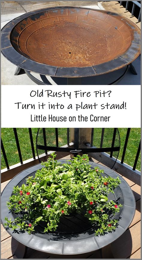 Transform an old rusty fire pit into a functional planter or plant stand! Via Little House on the Corner blog. Repurposed Fire Pit Planter, Fire Pit Flower Planter, Recycled Fire Pit, Old Fire Pit Repurpose, Upcycle Fire Pit, Fire Pit Planter Ideas, Easy Diy Outdoor Plant Stands, Repurposed Fire Pit, Fire Pit Planter