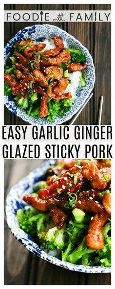 Easy Garlic Ginger Glazed Sticky Pork is tender strips of pork glazed with an easy sticky, sweet, spicy, garlicky, gingery sauce. Asian Pork Loin Recipes Stir Fry, Dinner Ideas With Ginger, Garlic Ginger Glazed Sticky Pork, Garlic Ginger Pork Stir Fry, Pork And Rice Recipes Stir Fry, Pork Soy Sauce Recipe, Pork Stir Fry Recipe, Pork Chinese Food Recipes, Sticky Pork Stir Fry